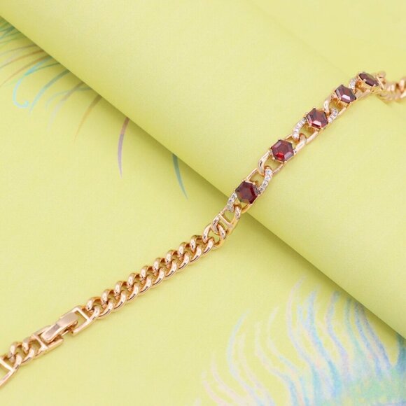 "Rose Gold Bracelet with Red Octagon Stones and CZ Link Detailing, XPBL0820 - Picture 2 of 13